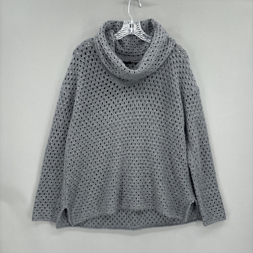 James Perse Wool Alpaca Sweater Womens L 3 Gray Open Knit Funnel Neck Pullover